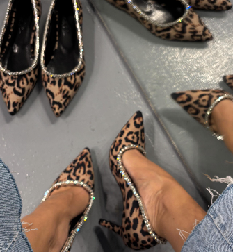 Leopard print element rhinestone high heels