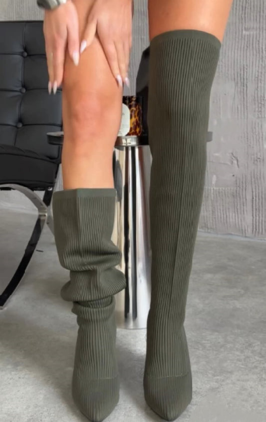 Green Knit Socks Stretch Over-the-Knee Boots