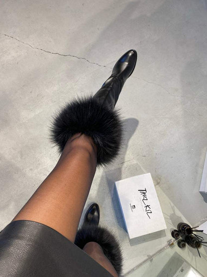 Furry black stylish long boots