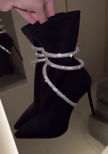 Snake-shaped rhinestone short boots