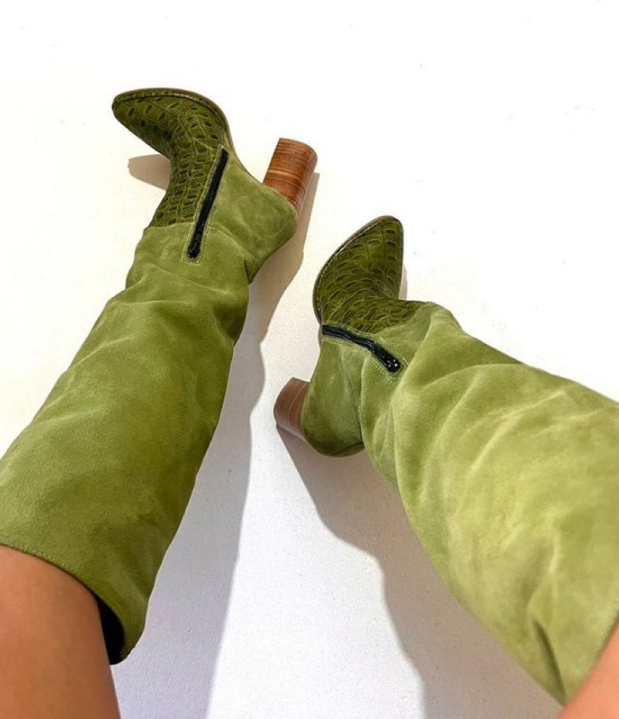 Green suede splicing fashion boots