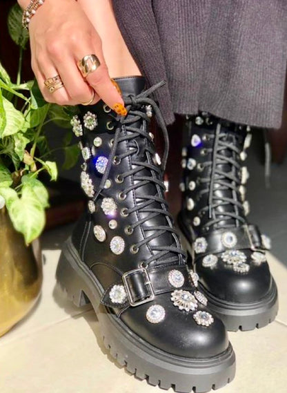 Genuine leather thick-soled rhinestone martin boots