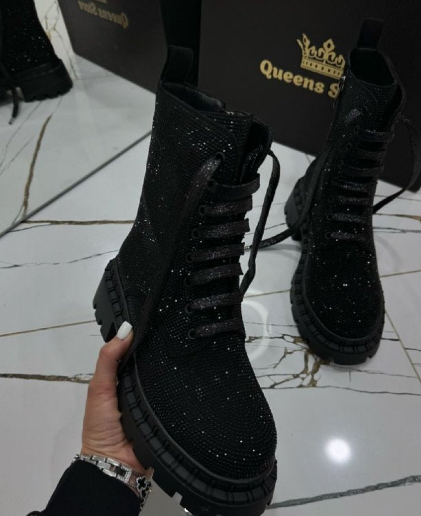 Black rhinestone luxury short boots