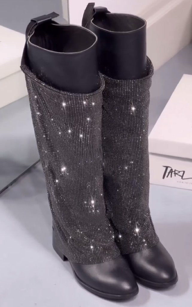 Chunky heel sequined rhinestone boots