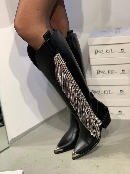 Side rhinestone tassel boots