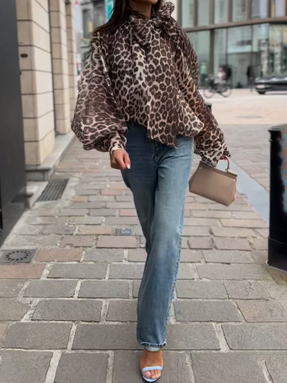 Leopard Printed Bow Long Sleeve Women's Blouse