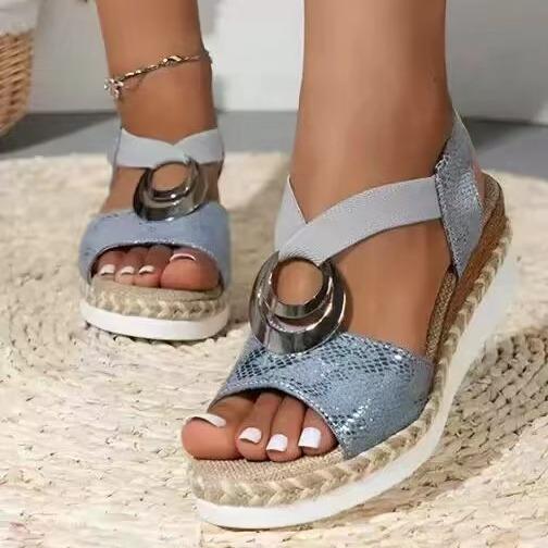 Metal buckle wedge heel sandals