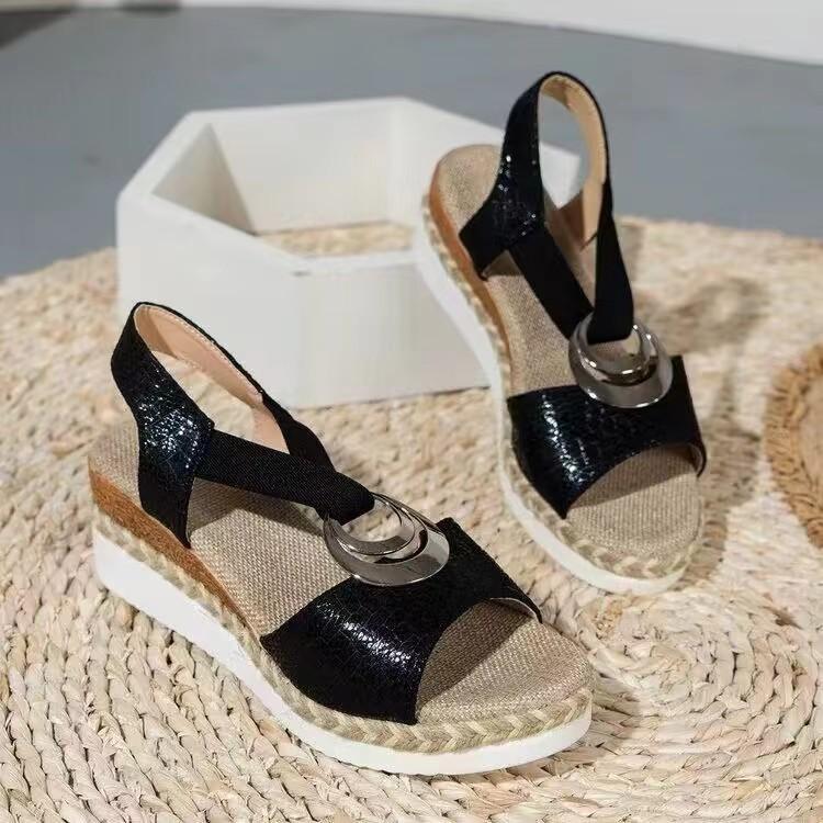 Metal buckle wedge heel sandals