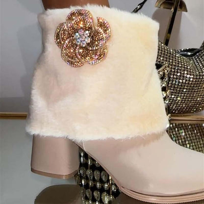 Leather Rhinestone High Heel Boots