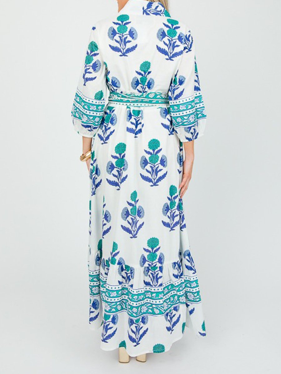 Floral Print Belt Button Up Maxi Dress