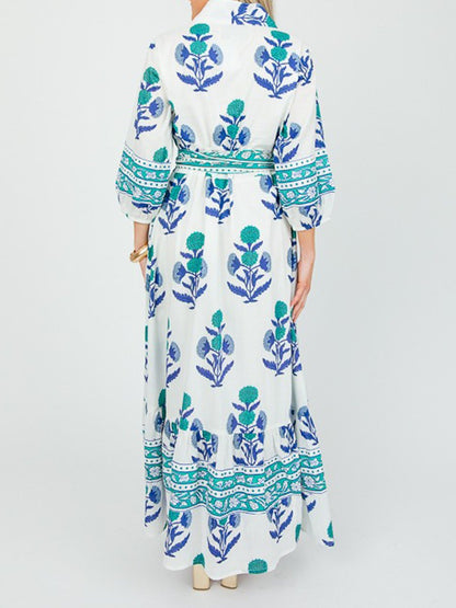 Floral Print Belt Button Up Maxi Dress