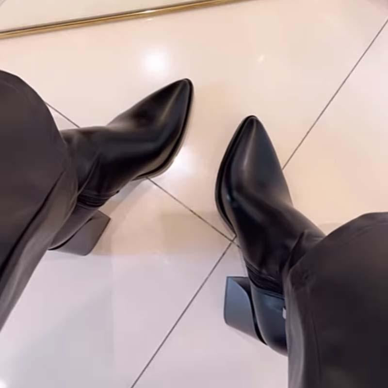 Pointed-Toe Side Zipper Thick Leather Boots Ankle Boots