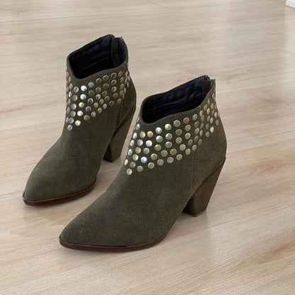 Women's Pointed Studded Chelsea Stall Heel Ankle Boots