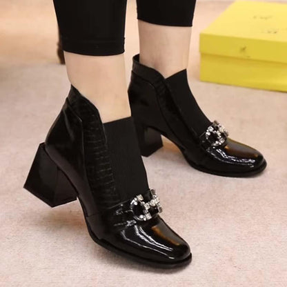 Rhinestone Sparkle Stretch Thick Heel Ankle Boots