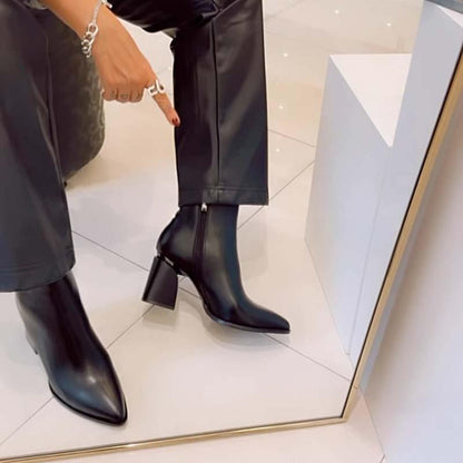 Pointed-Toe Side Zipper Thick Leather Boots Ankle Boots