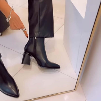 Pointed-Toe Side Zipper Thick Leather Boots Ankle Boots