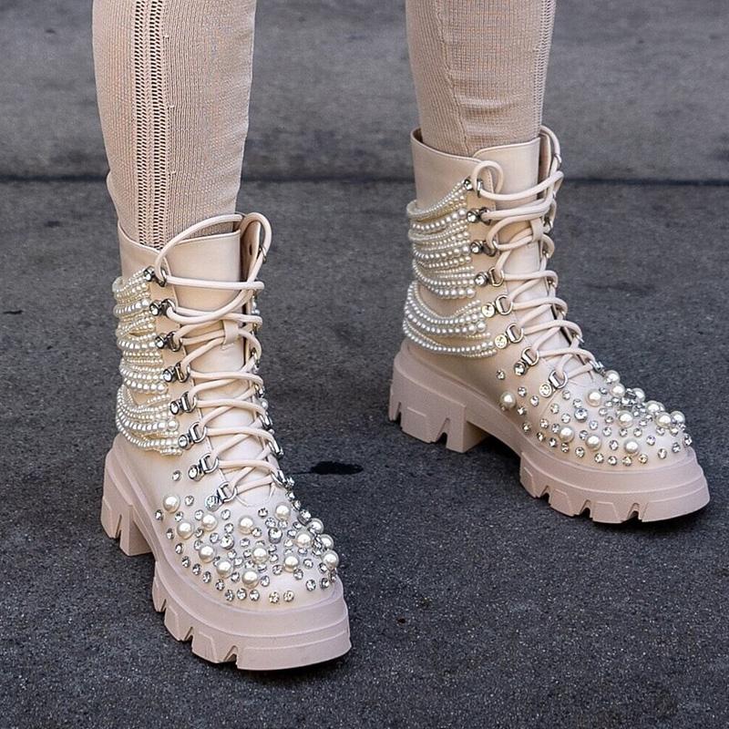 Pearl Rhinestone Embellished Combat Boots