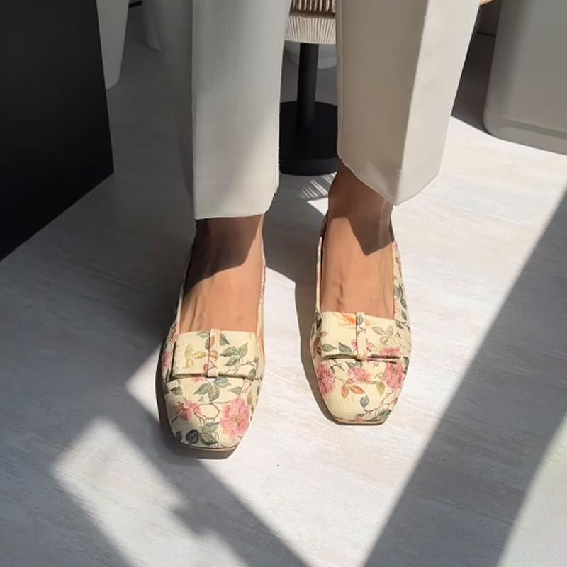 Square-toe Floral-print Low-heel Shoes