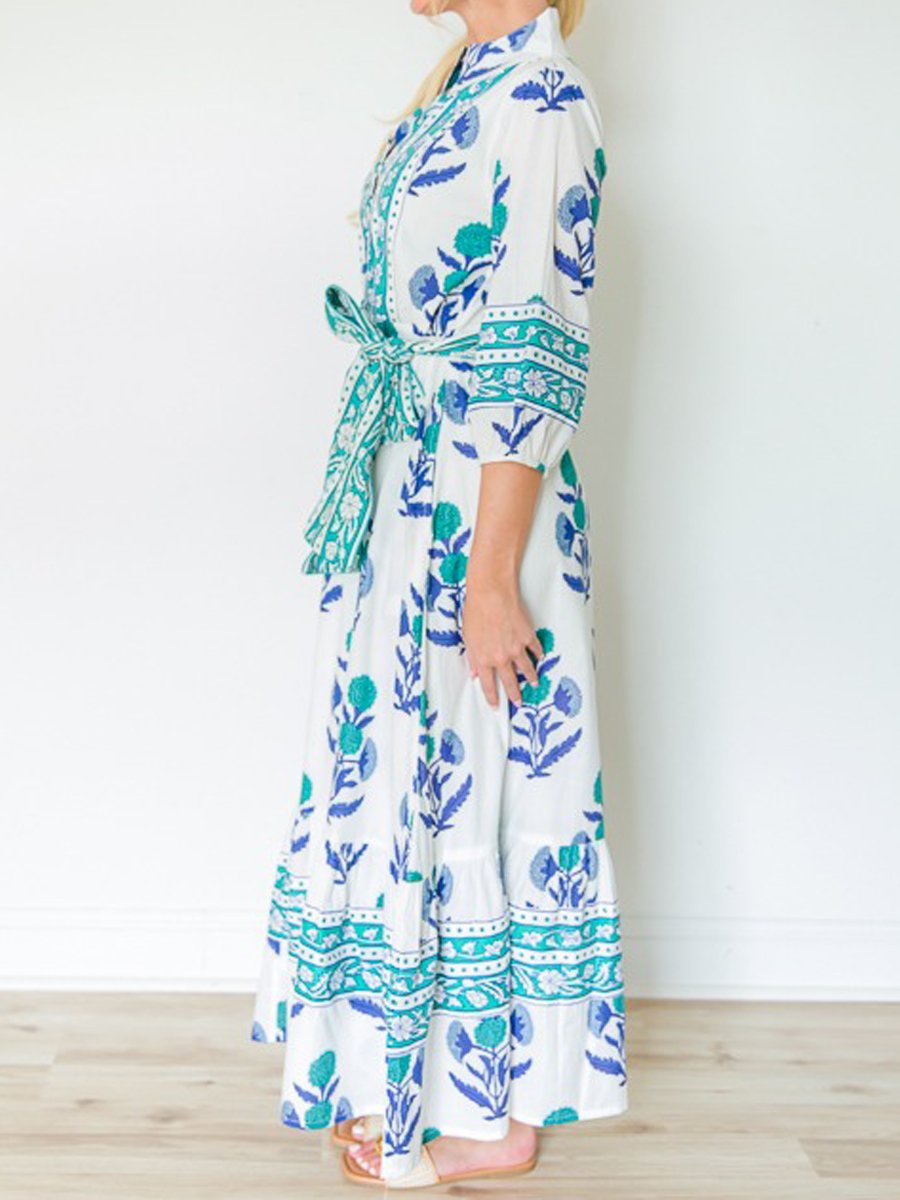 Floral Print Belt Button Up Maxi Dress