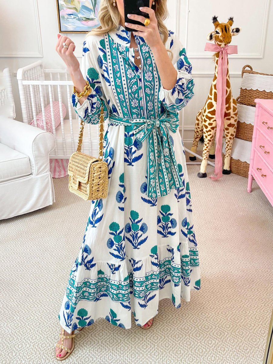 Floral Print Belt Button Up Maxi Dress