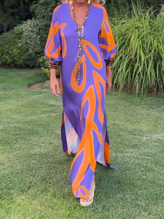 Printed V Neck Slit Hem Loose Maxi Dress