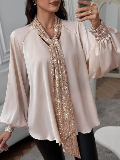 Sequin Patchwork Loose Lace Up Blouse