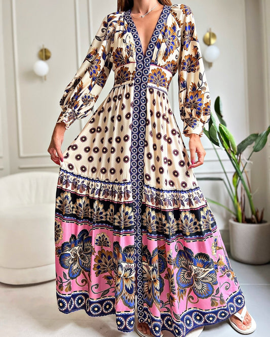 V-neck, long sleeve, waist-length print dress