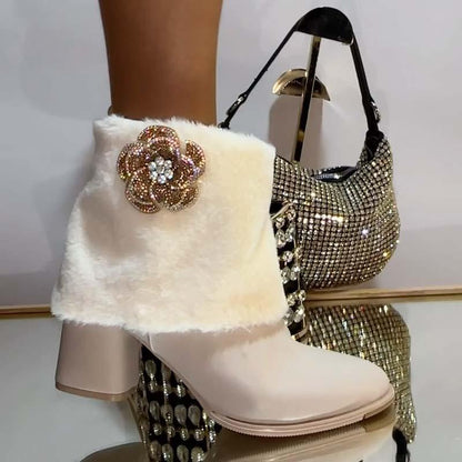 Leather Rhinestone High Heel Boots