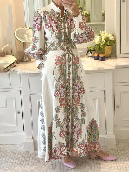 Placement Print Long Sleeve Maxi Dress