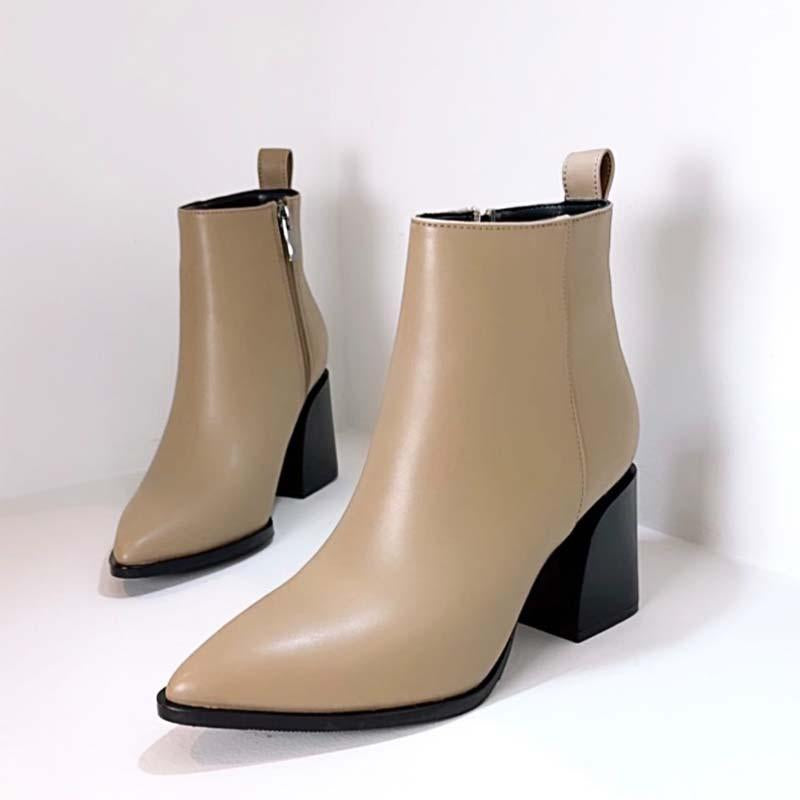 Pointed-Toe Side Zipper Thick Leather Boots Ankle Boots