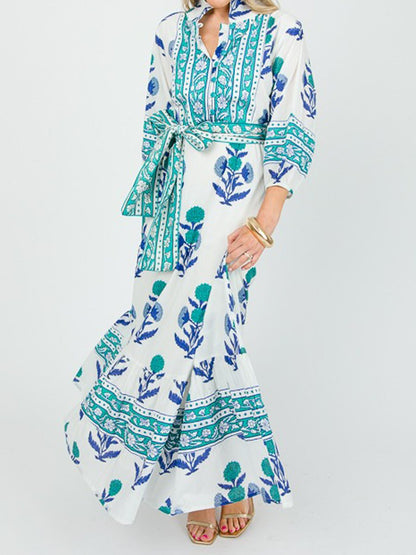 Floral Print Belt Button Up Maxi Dress