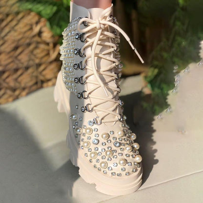 Pearl Rhinestone Embellished Combat Boots