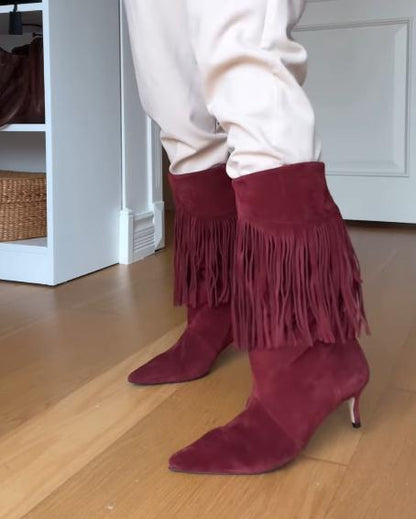 Red tassel stylish high-heeled mid-calf boots