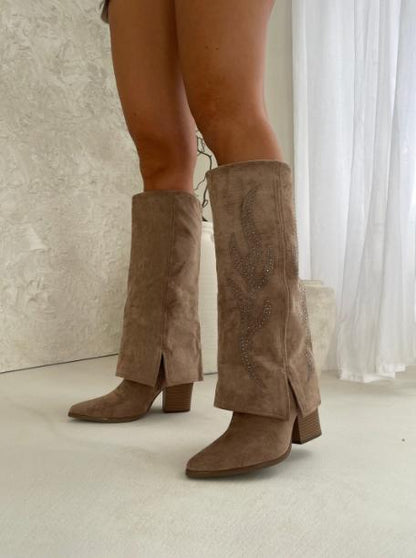 French simple retro pointed suede rhinestone boots