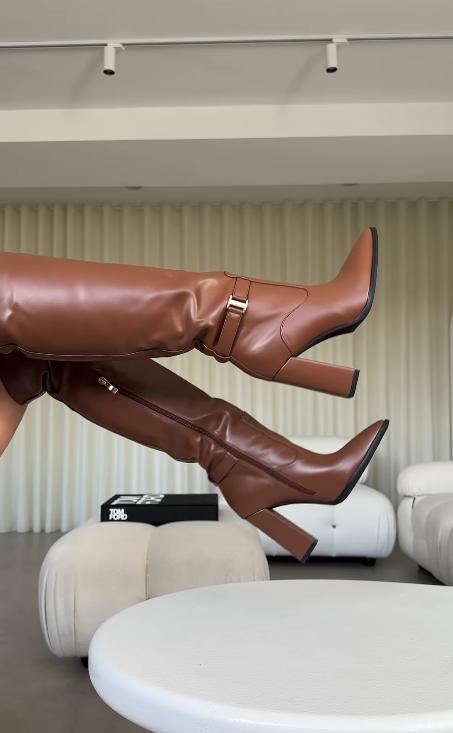 Brown stylish mid-calf high-heeled boots