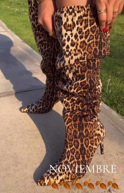 Leopard print rhinestone high heel boots