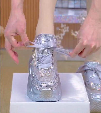 Silver ribbon laces crystal dad shoes