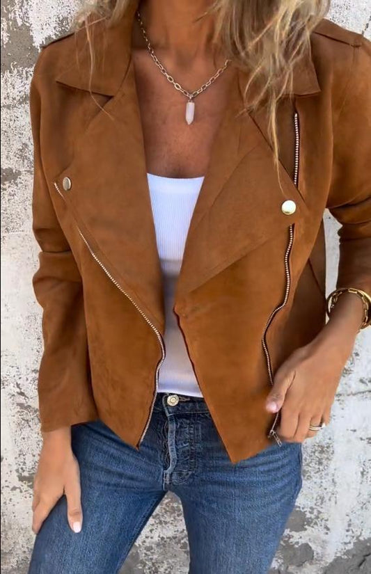 Slim Fit Cropped Lapel Zip-Up Biker Jacket