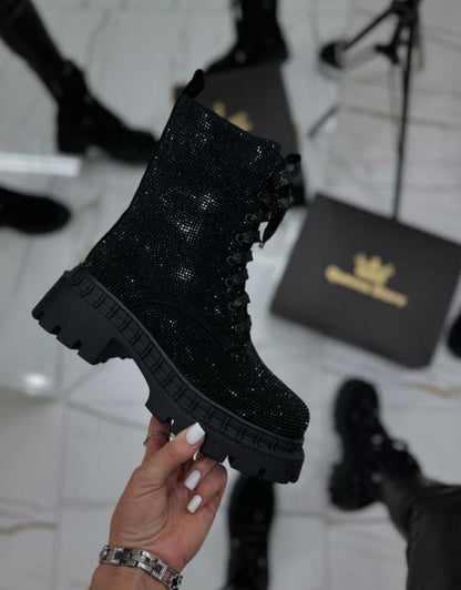 Black rhinestone luxury short boots