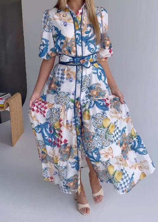 Mediterranean wind ribbon embellished print dress