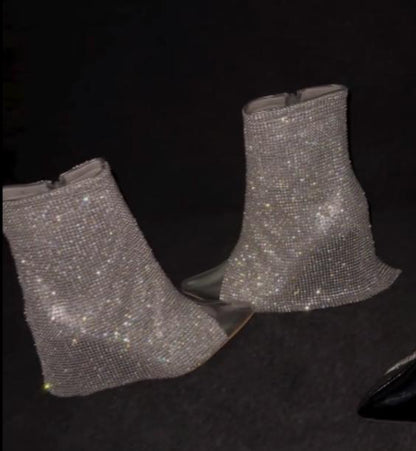 Rhinestone trouser leg slit high heel ankle boots