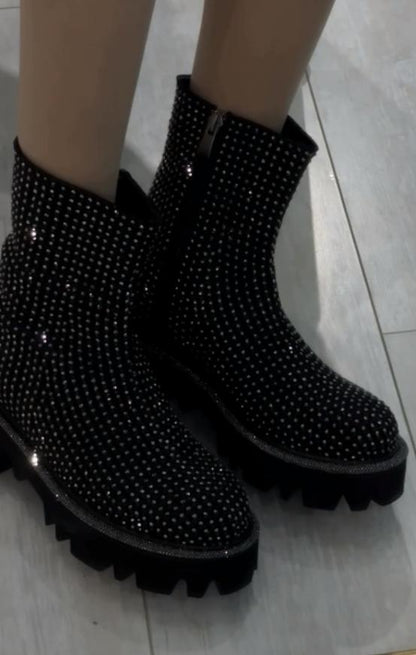 Full rhinestone side zip boots