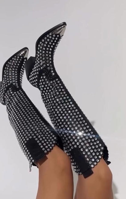 Pointed rhinestone studded boots