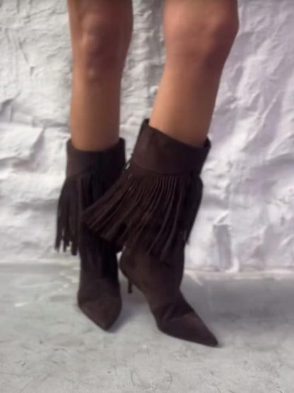 Fashionable tassel high-heeled mid-calf boots