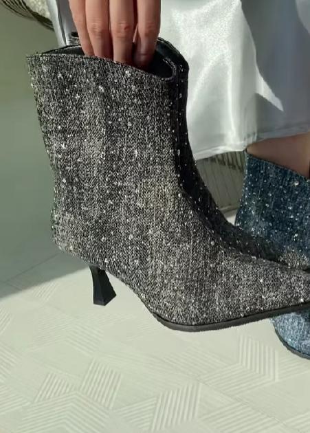 Fine glitter pointed toe high-heeled party boots