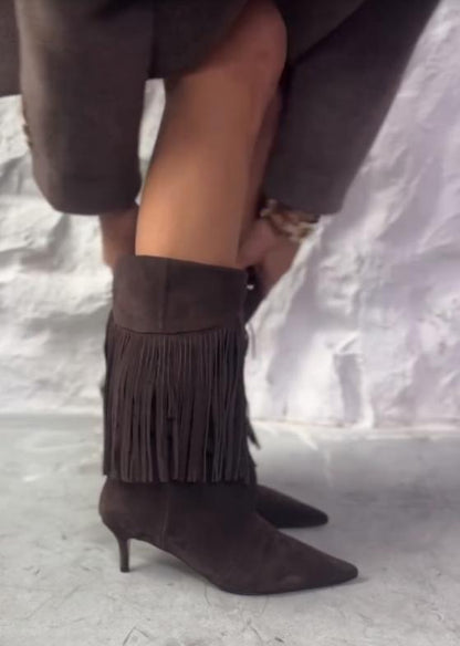 Fashionable tassel high-heeled mid-calf boots