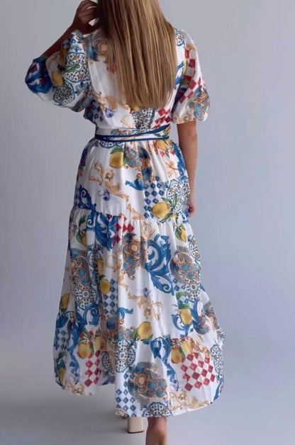 Mediterranean wind ribbon embellished print dress