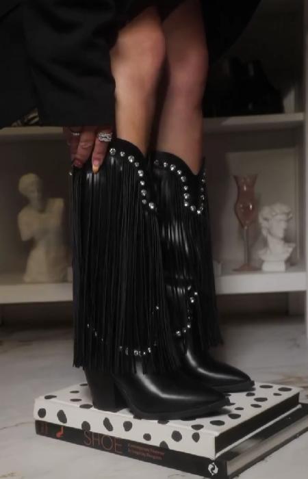 Rhinestone tassel chunky heel boots