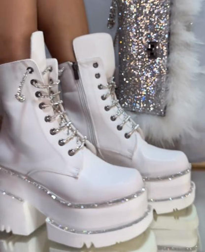 Leather side zip-up chunky bottom Rhinestone Martin boots