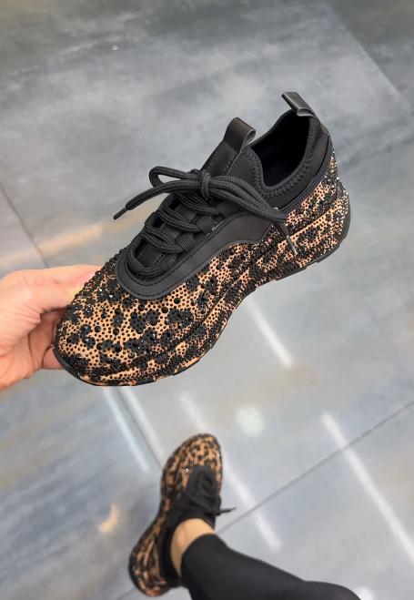 Leopard print rhinestone sneakers